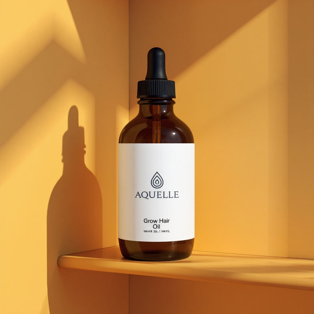 AQUELLE Grow Hair Oil auf nassen schwarzen Steinen – luxuriöses Haaröl für intensives Wachstum und Glanz, präsentiert mit natürlicher Eleganz und Tiefe.