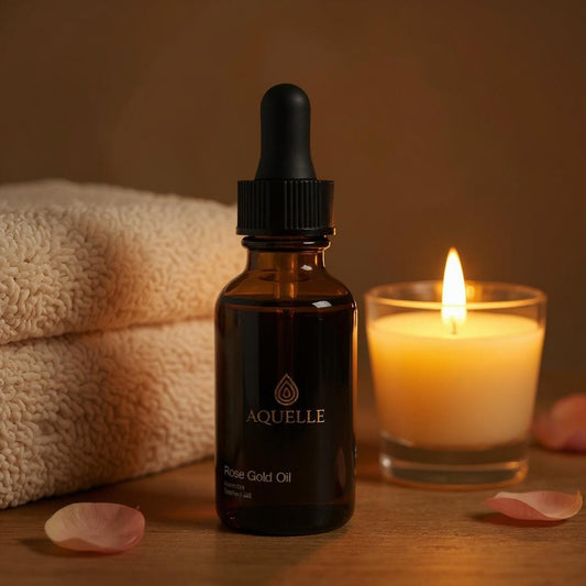Anti-Aging Rose Gold Oil steht auf Holz . Eine Kerze rechts vom Serum und eingewickelte Handtücher auf der linken Seite