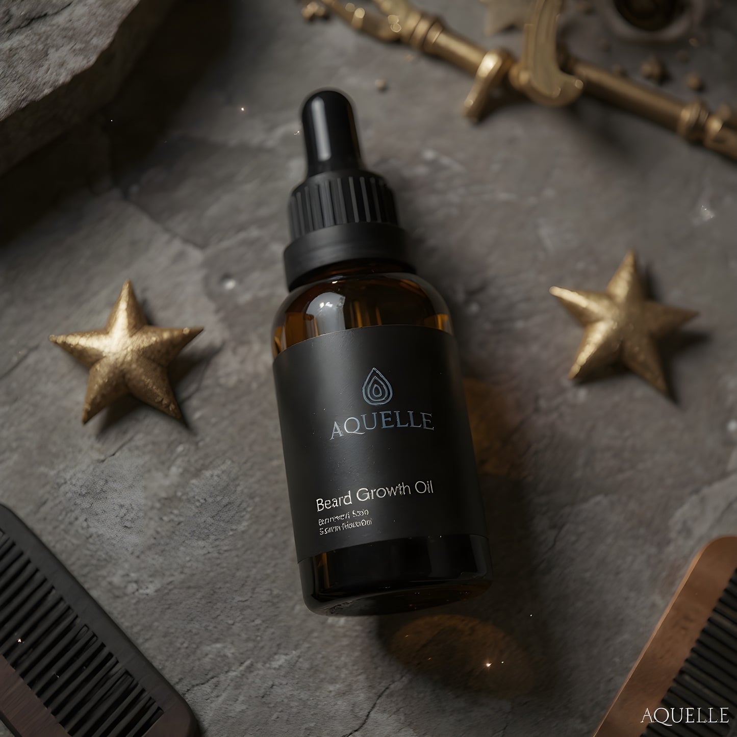 Beard Growth Oil liegend auf Asphalt mit Sternen
