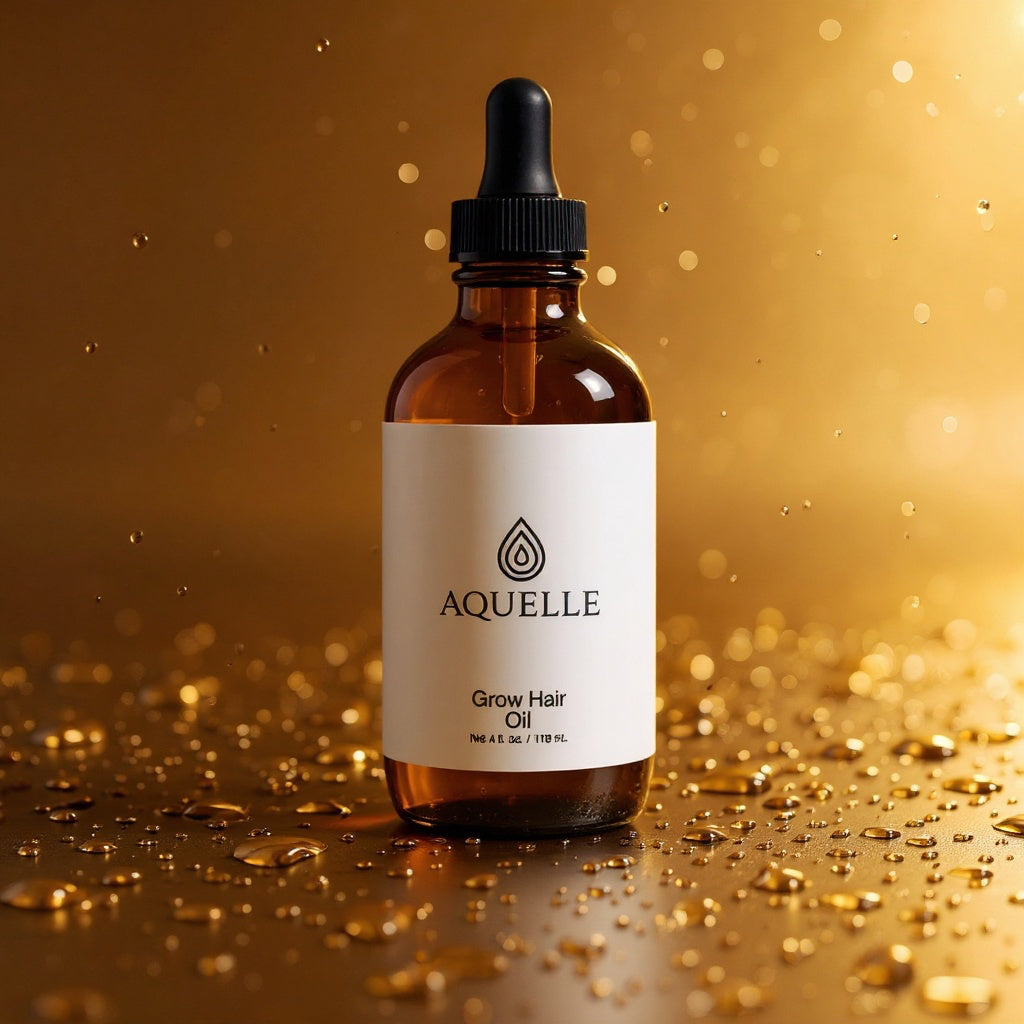 AQUELLE Grow Hair Oil in bernsteinfarbener Glasflasche, umgeben von goldenen Wassertropfen – Symbol für Luxus, Vitalität und gesundes Haarwachstum.
