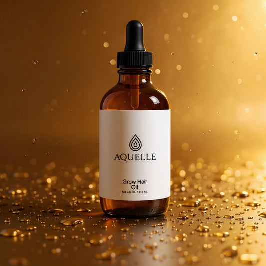 AQUELLE Grow Hair Oil in bernsteinfarbener Glasflasche, umgeben von goldenen Wassertropfen – Symbol für Luxus, Vitalität und gesundes Haarwachstum.