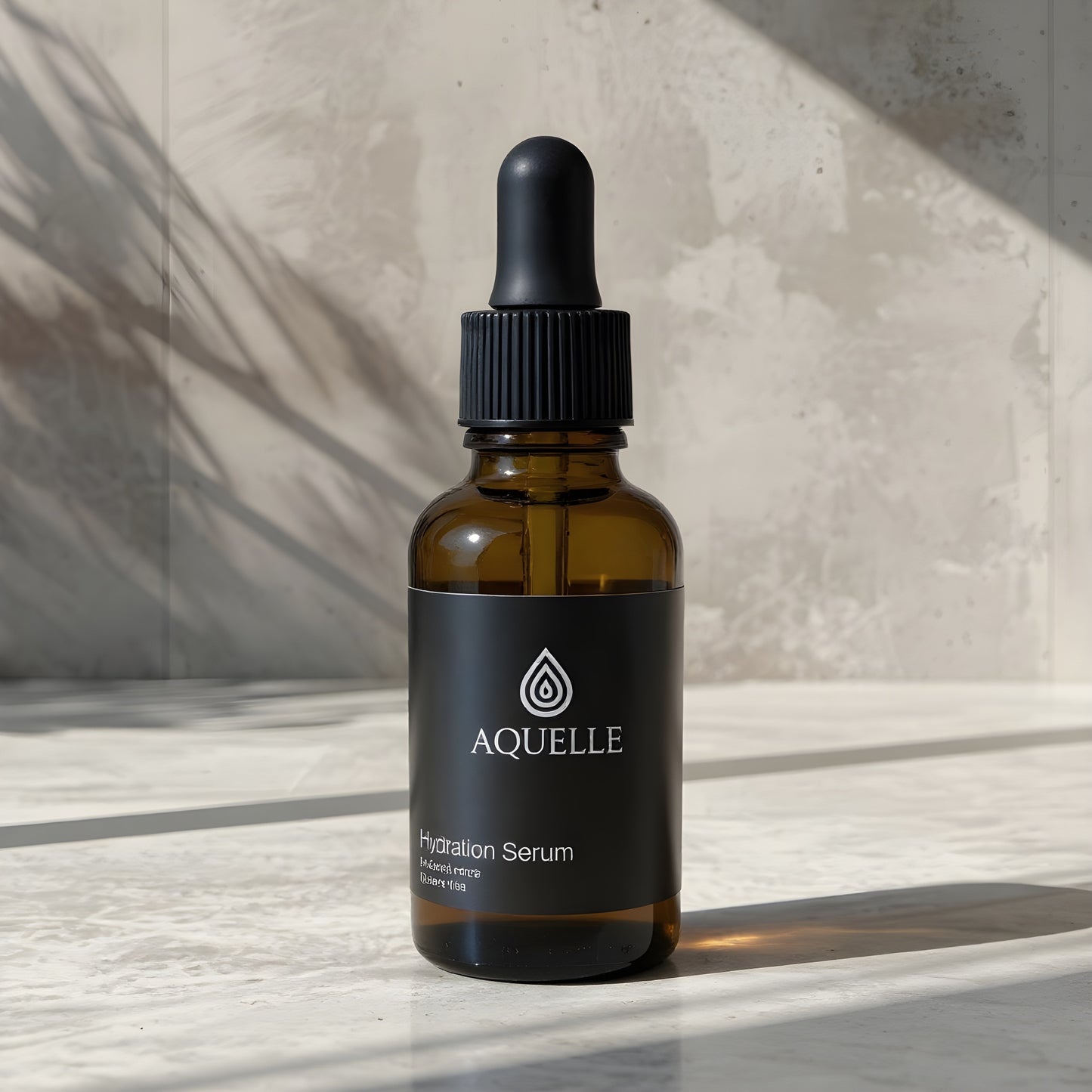AQUELLE Hydration Serum im sanften Sonnenlicht auf Marmoroberfläche – steht für natürliche Pflege, Reinheit und zeitlose Eleganz.
