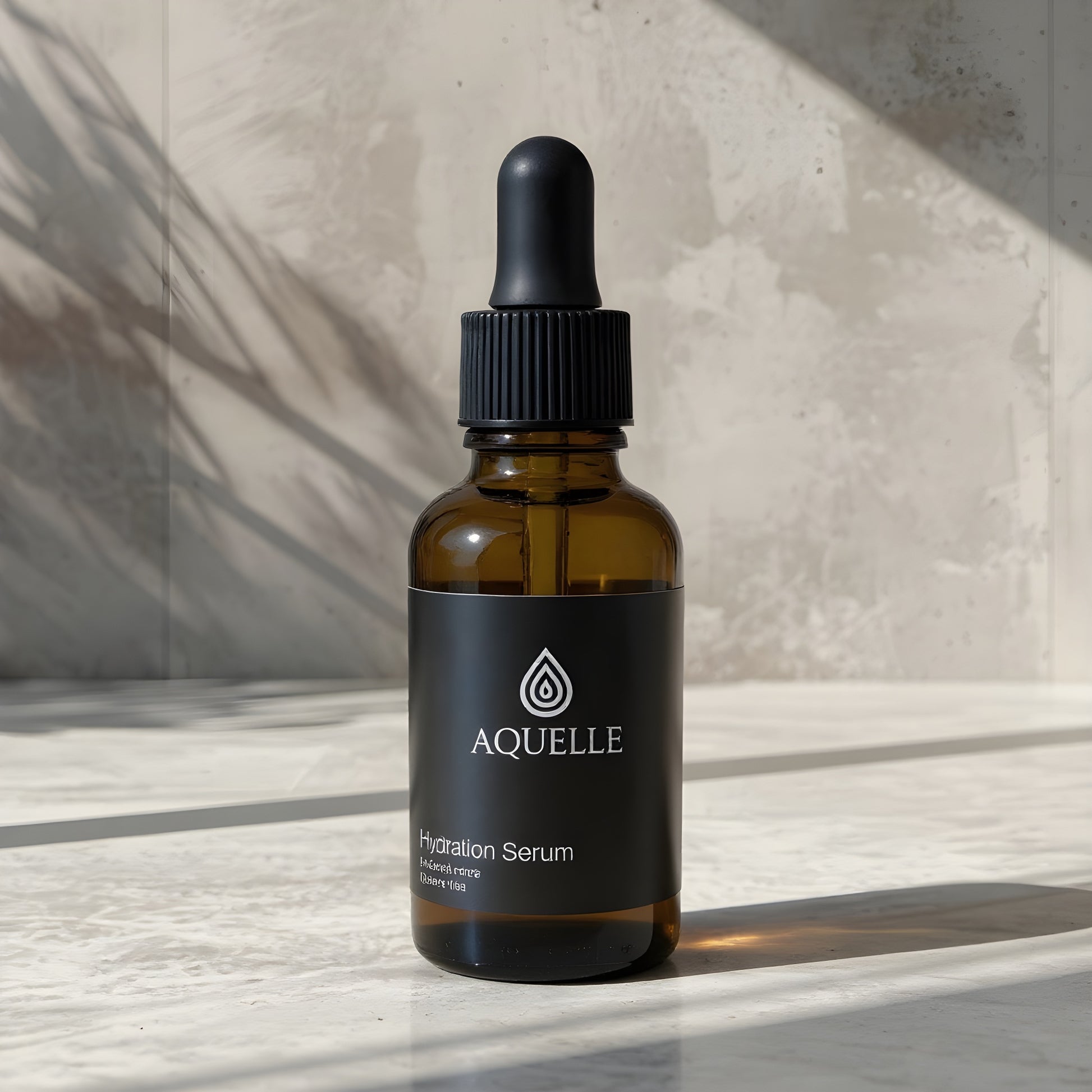AQUELLE Hydration Serum im sanften Sonnenlicht auf Marmoroberfläche – steht für natürliche Pflege, Reinheit und zeitlose Eleganz.