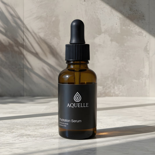 AQUELLE Hydration Serum im sanften Sonnenlicht auf Marmoroberfläche – steht für natürliche Pflege, Reinheit und zeitlose Eleganz.