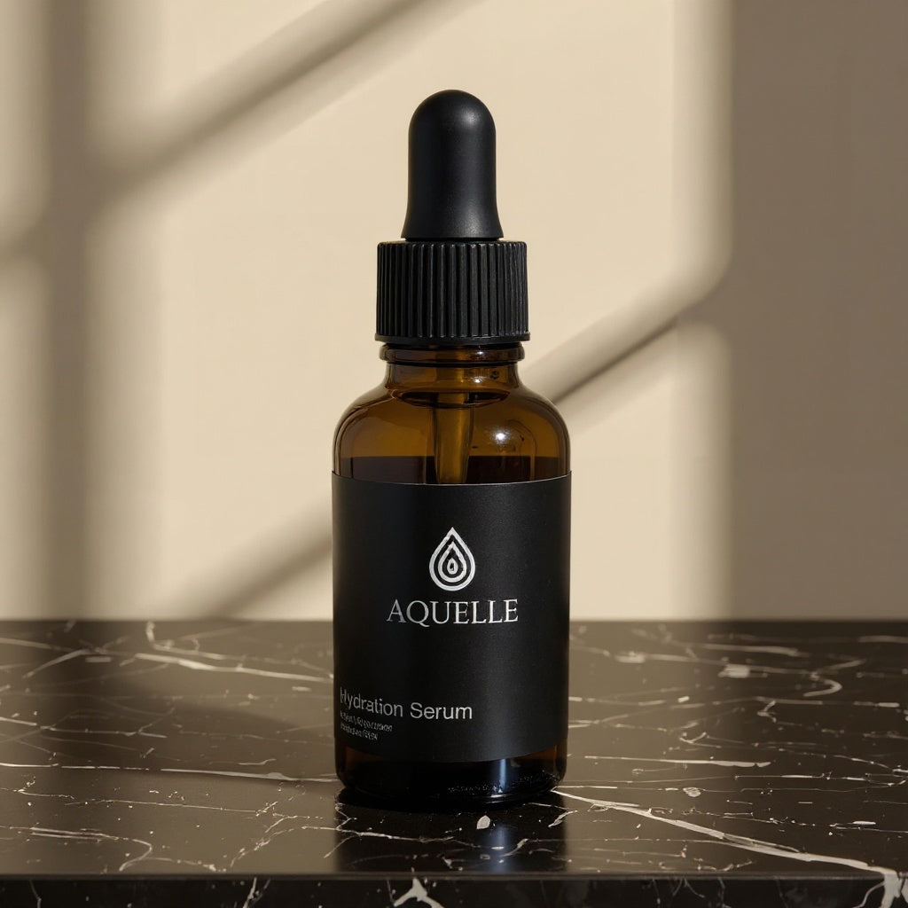 AQUELLE Hydration Serum auf dunklem Marmortisch mit warmem Hintergrund – luxuriöse Ästhetik kombiniert mit minimalistischer Raffinesse.