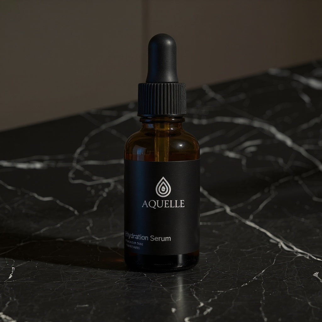 AQUELLE Hydration Serum mit edlem, dunklem Marmorboden – hochwertige Präsentation eines veganen Premium-Serums für tiefgehende Hydration.