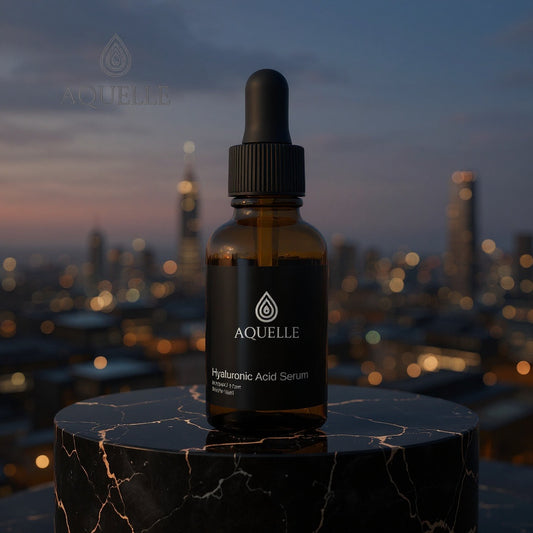 AQUELLE Hyaluronic Acid Serum auf edlem schwarzen Marmorpodest mit Stadtlichtern im Hintergrund – luxuriöses Anti-Aging-Serum für intensive Feuchtigkeit und strahlende Haut.