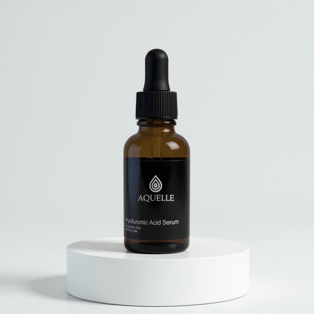 AQUELLE Hyaluronic Acid Serum – minimalistisches Produktfoto auf weißem Hintergrund, elegante Glasflasche mit Pipette, steht für Reinheit, Hydration und Premium-Hautpflege.