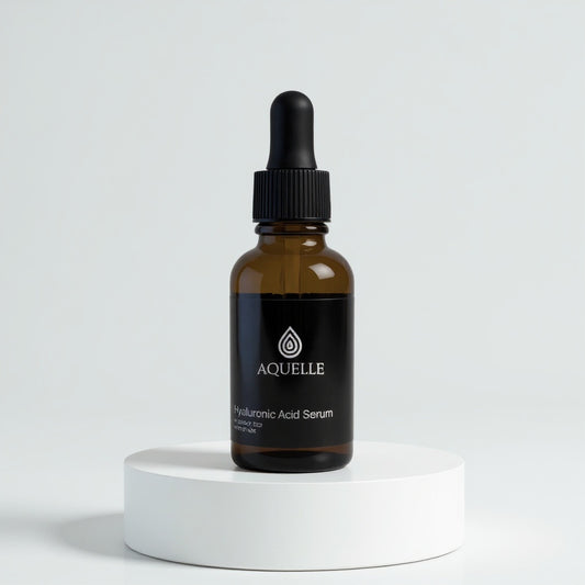 AQUELLE Hyaluronic Acid Serum – minimalistisches Produktfoto auf weißem Hintergrund, elegante Glasflasche mit Pipette, steht für Reinheit, Hydration und Premium-Hautpflege.