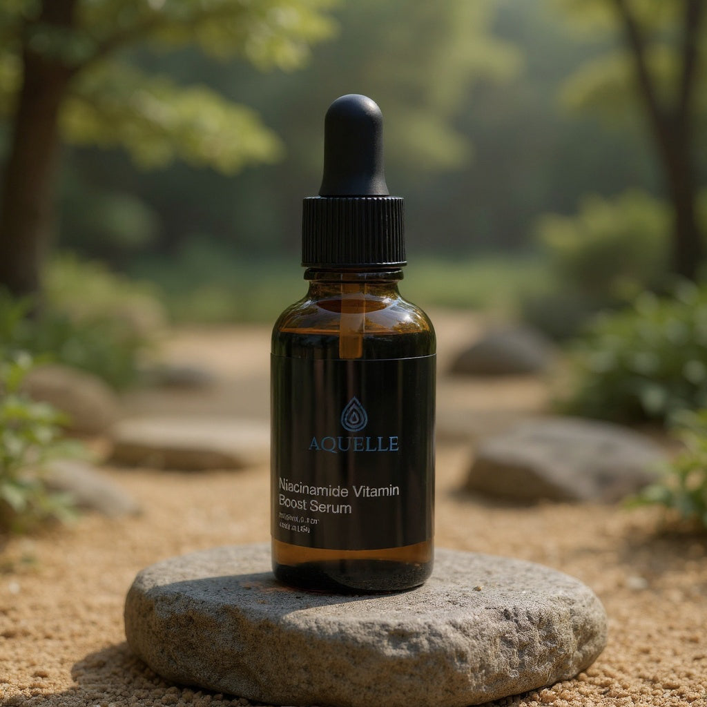 AQUELLE Niacinamide Vitamin Boost Serum im natürlichen Außenlicht auf Stein – Symbol für pure, nachhaltige Schönheit und luxuriöse Hautpflege aus der Natur.
