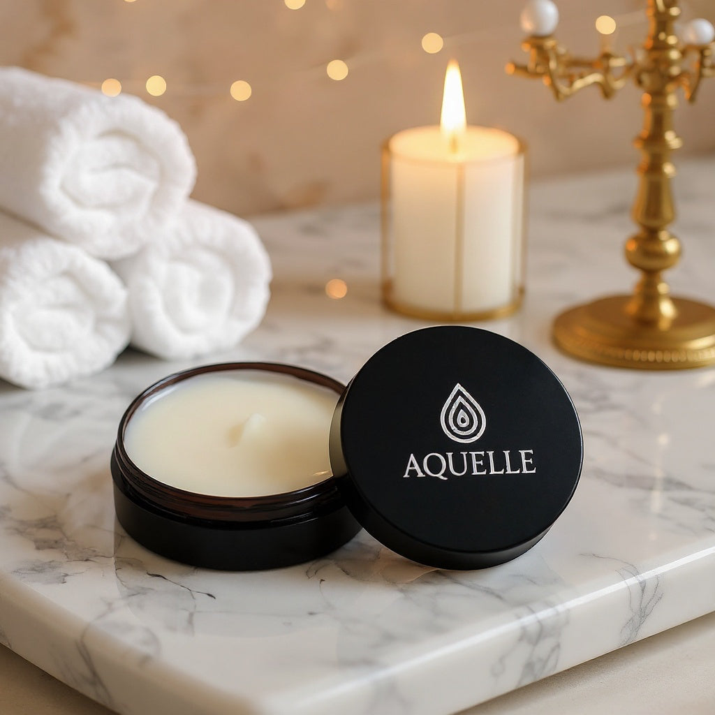 AQUELLE Hydration Under Eye Cream auf Marmoroberfläche mit Kerzenlicht und Handtüchern – luxuriöse Spa-Atmosphäre für wohltuende Pflege und tiefgehende Hydration.