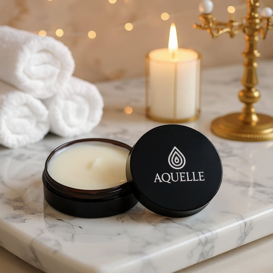 AQUELLE Hydration Under Eye Cream auf Marmoroberfläche mit Kerzenlicht und Handtüchern – luxuriöse Spa-Atmosphäre für wohltuende Pflege und tiefgehende Hydration.
