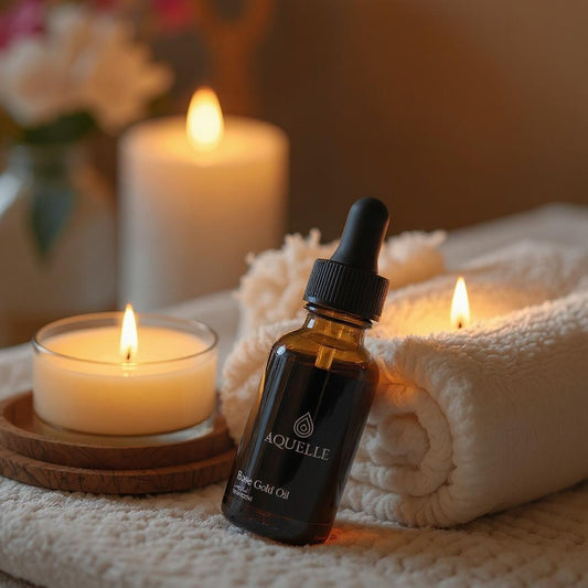 Anti Aging Rosegold Oil steht auf Handtuch neben Kerzen