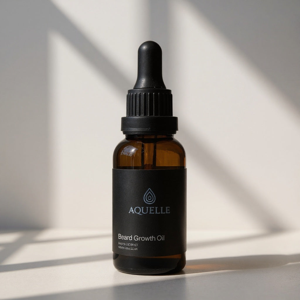 Beard Growth Oil mit grauem Hintergrund und Sonnenlicht