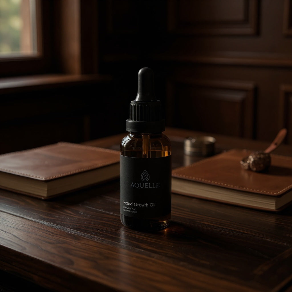 Aquelle Beard Growth Oil auf einem Holztisch mit Büchern