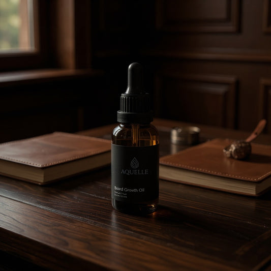 Aquelle Beard Growth Oil auf einem Holztisch mit Büchern