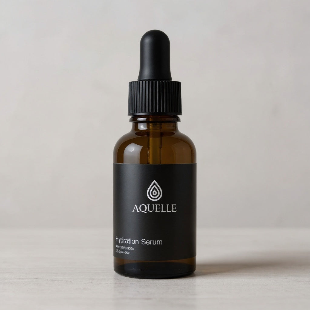 AQUELLE Hydration Serum – luxuriöses Feuchtigkeitsserum in eleganter Glasflasche, fotografiert auf hellem Hintergrund für minimalistischen, modernen Look.