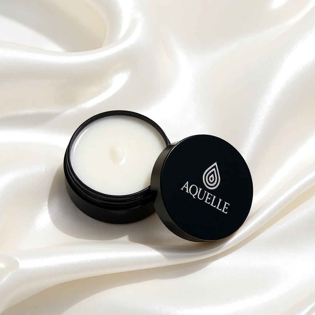 Offene AQUELLE Hydration Under Eye Cream auf weichem, cremefarbenem Stoff – luxuriöse Textur für gepflegte, revitalisierte Augenpartien